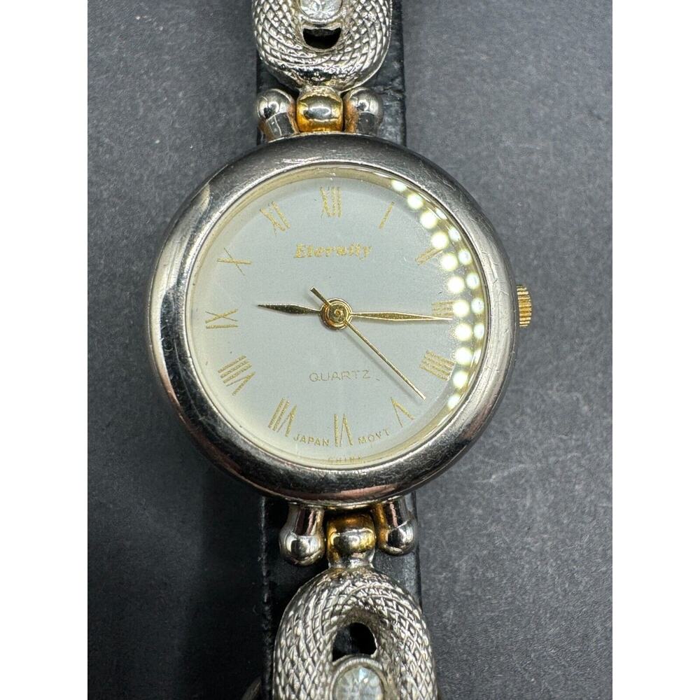 Vtg Eternity Quartz Ladies Women’s Watch ETC013 Silver Tone Black Leather Band